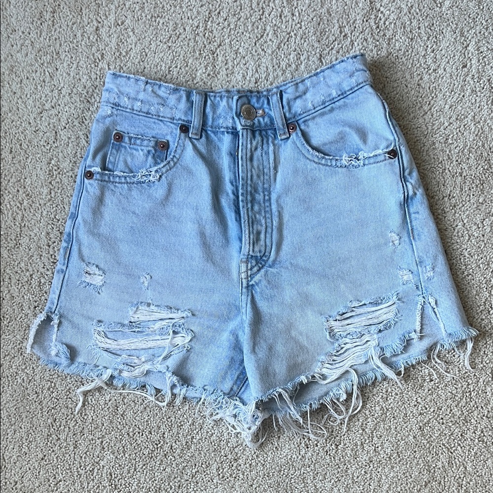 Zara light Blue Distressed Denim Shorts 0